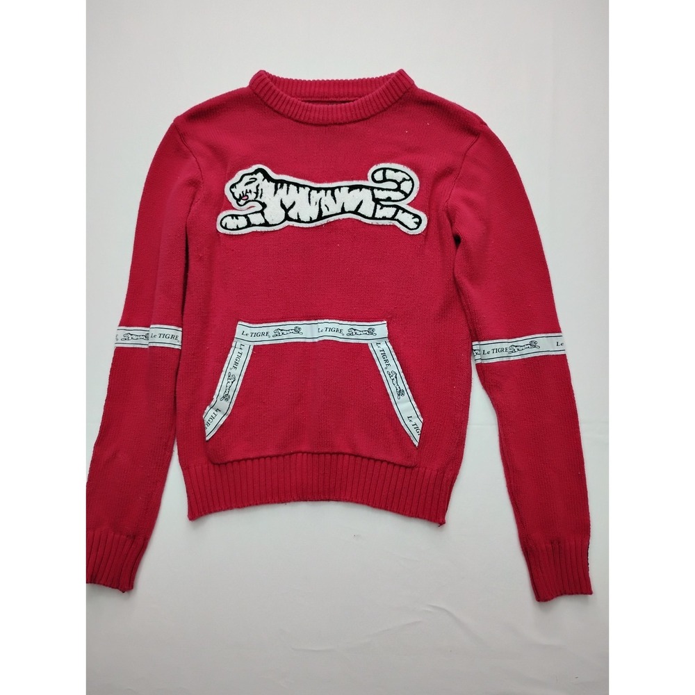 Le Tigre Red Sweater Kangaroo Pocket y2k Big White Tiger Logo Embroider M - Picture 9 of 13